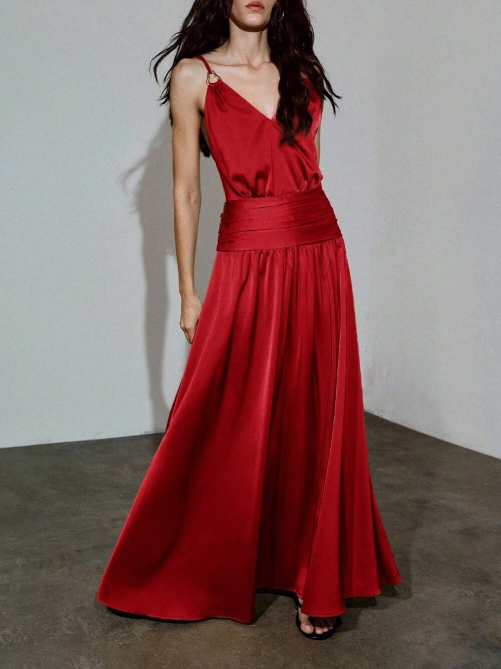 Red Elegant Women's Ruched Spaghetti Strap Maxi Dress